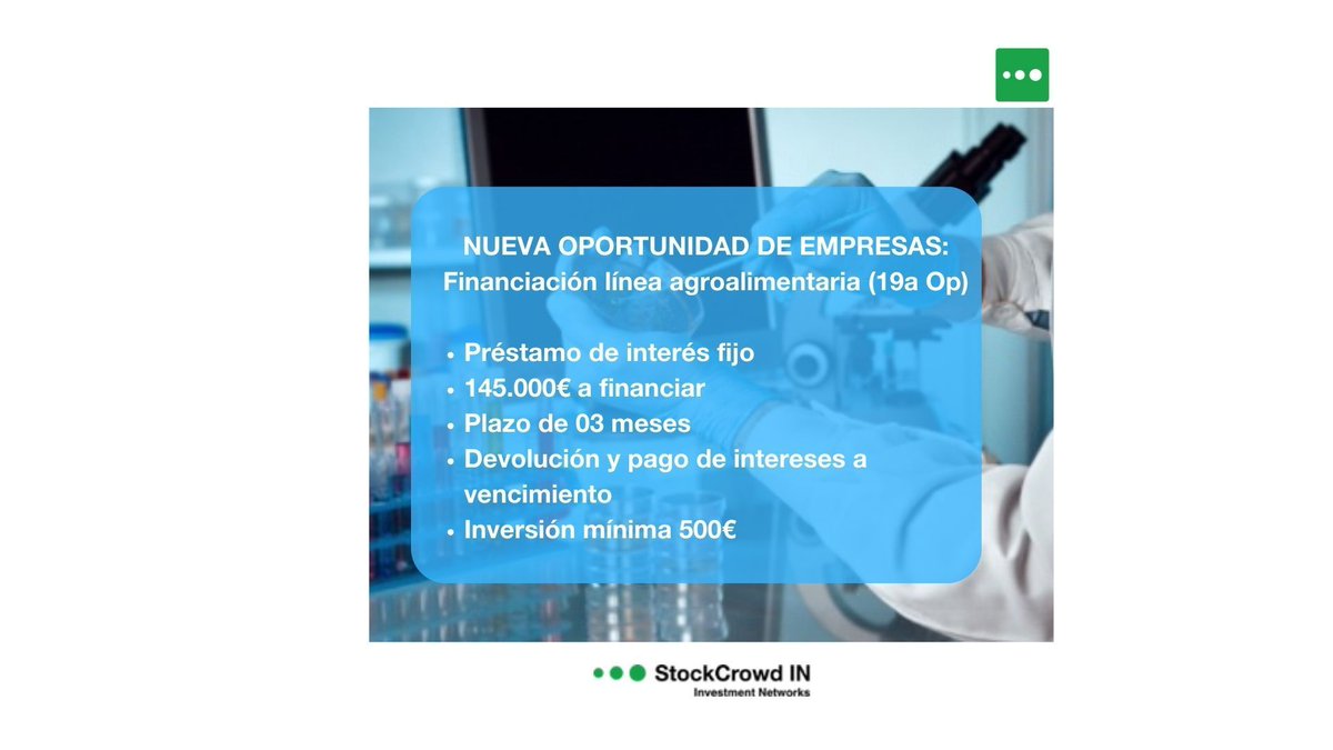 ⚡Oportunidad de empresas: Finan. línea agroalimentaria (19ª Op) ⚡Financiación solicitada por empresa cuya actividad son los análisis de laboratorio e investigación para diferentes sectores. Para más información pincha aquí:buff.ly/3vHp5J4