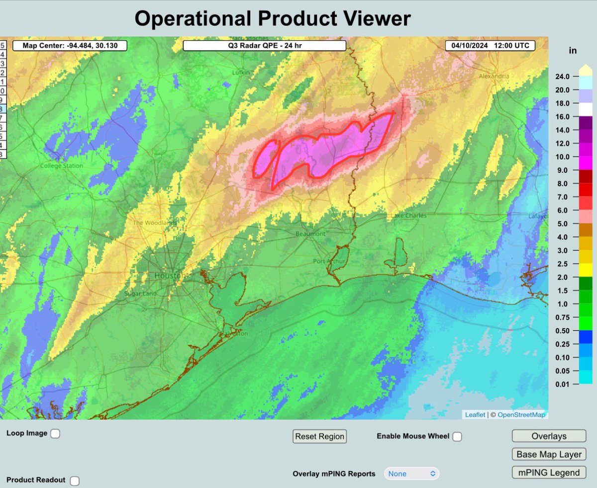 MRMS Radar estimates that total 24-hr storm accumulated rainfall in areas northeast of Houston, for example near Warren, Jasper, and Kirbyville, TX, exceeded 12” in some spots with a wide swath of 9”+ totals (red-outlined area).

#txwx #houwx