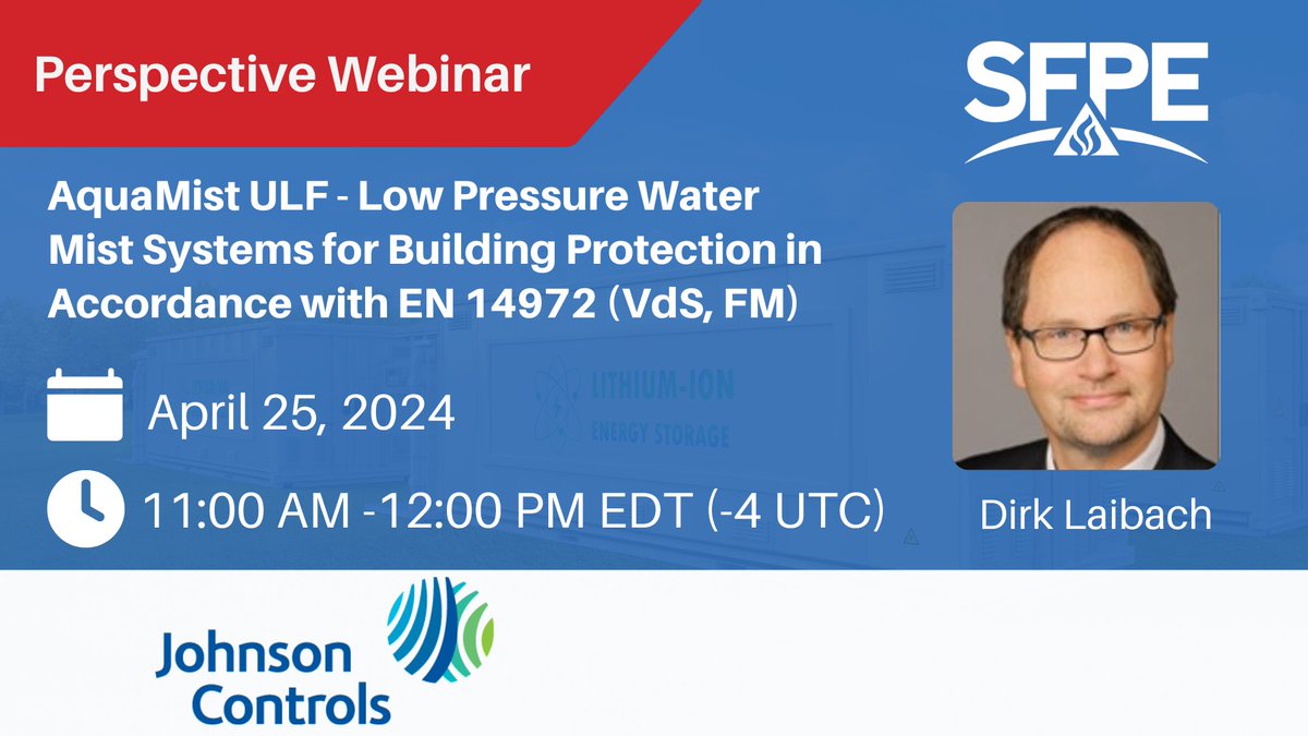 On April 25th Dirk Laibach and Johnson Controls are back for their latest live perspective webinar: AquaMist ULF - Low Pressure Water Mist Systems for Building Protection in Accordance with EN 14972 (VdS, FM). Learn more and register here: bit.ly/3Tt7Frp