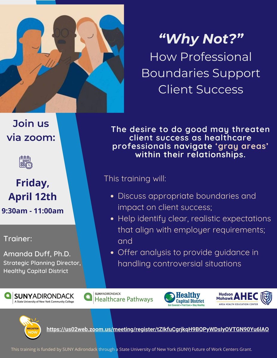 There’s still time to join us for this supportive training session on professional boundaries and their impact on client success for healthcare professionals. Register at buff.ly/49HzLpA #professionaldevelopment #boundaries @SUNYADK @hmahec