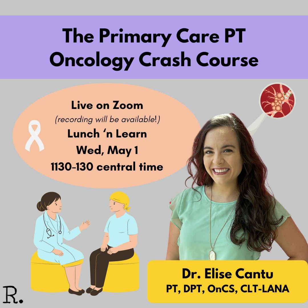 New Course ⭐ The Primary Care PT Oncology Crash Course 

Join Dr. Elise Cantu, PT, DPT, OnCS, CLT-LANA via Zoom for this 2-hr course on May 1st @ 11:30am - 1:30pm (Central Time)
*recording will be available on-demand

Learn More ➡️ buff.ly/43FC6zp 

#primarycare #pt