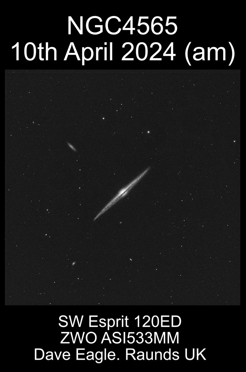 A favourite of mine, NGC4565. An edge on spiral galaxy in Coma Berenices. It lies about 40 million light years from us and it is roughly 234,000 light years in diameter. The dark dust lanes in the spiral arms are very distinct.