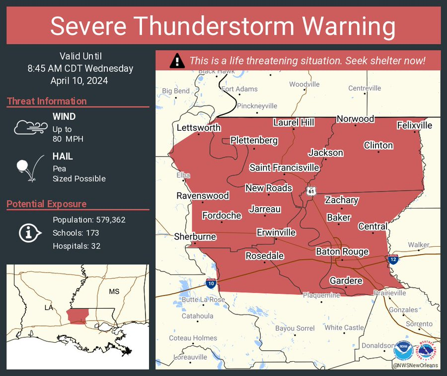 #PDS #SevereThunderstorm coming for #BatonRouge metro of SE #Louisiana! 80mph straight line #wind gusts and pea sized #Hail possible
Could be a #Derecho!
#TakeCover now!
#wxtwitter #Wxx #lawx #severeWX #SevereThunderStormWarning #ParticularlyDangerousSituation