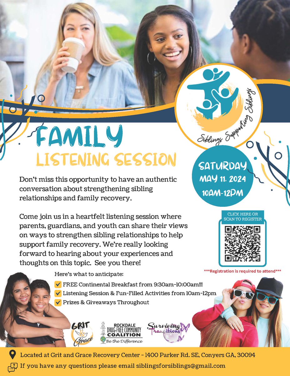 Siblings for Siblings - Family Listening Sessions
May 11, 2024. 

#rockdalecounty #conyers #rdfc #familyrecovery