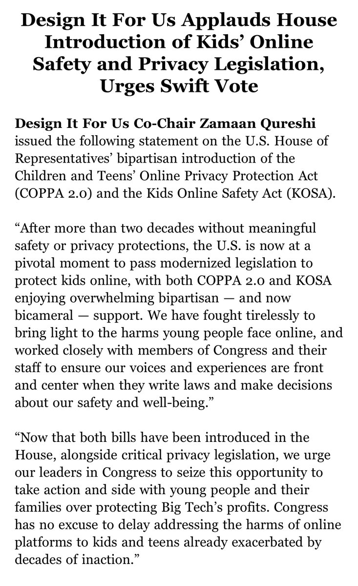 PRESS RELEASE: Design It For Us Applauds House Introduction of Kids’ Online Safety and Privacy Legislation, Urges Swift Vote designitforus.org/press/design-i…