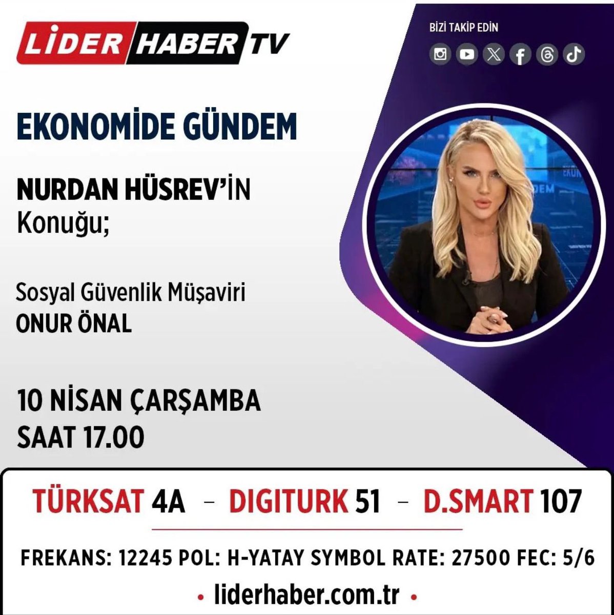 Saat 17:00’de Lider TV’de Sevgili Nurdan Hüsrev’in hazırlayıp sunduğu “Ekonomi’de Gündem” programında canlı yayın konuğu olacağım …@nurdanhusrev