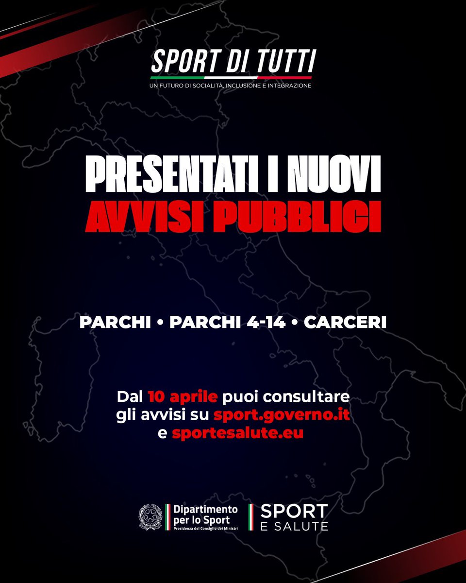 📣 𝗦𝗣𝗢𝗥𝗧 𝗗𝗜 𝗧𝗨𝗧𝗧𝗜: 𝗢𝗡𝗟𝗜𝗡𝗘 𝗜 𝗡𝗨𝗢𝗩𝗜 𝗔𝗩𝗩𝗜𝗦𝗜 𝗣𝗨𝗕𝗕𝗟𝗜𝗖𝗜 👇 🔹 𝗣𝗮𝗿𝗰𝗵𝗶 🔹 𝗣𝗮𝗿𝗰𝗵𝗶 𝟰-𝟭𝟰 🔹 𝗖𝗮𝗿𝗰𝗲𝗿𝗶 Scopri gli avvisi qui 👉 sportesalute.eu/sportditutti.h… #SportdiTutti | @SportGoverno