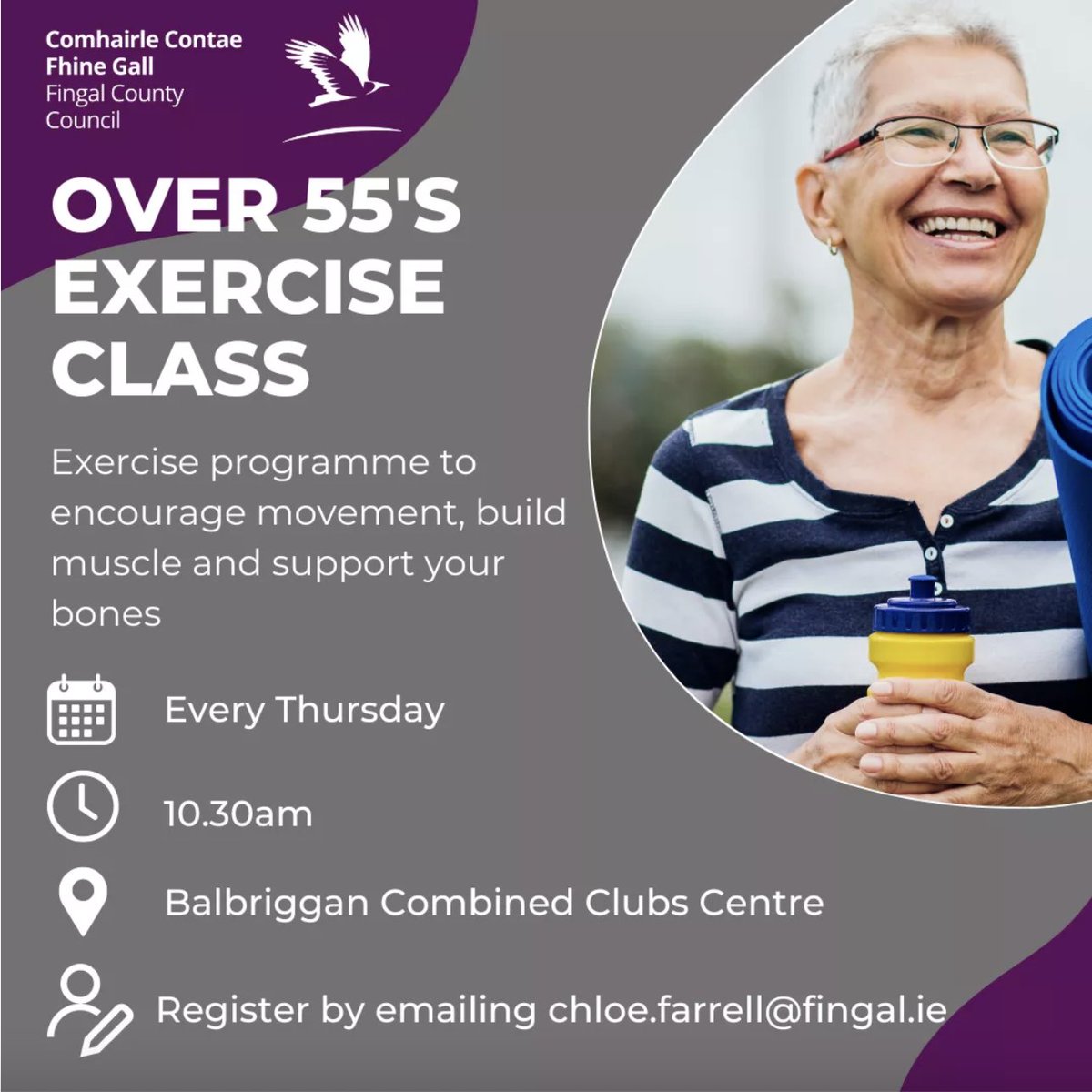 Balbriggan Over 55's Exercise Class 🧘‍♂️ This programme is open to the public! 🕐 Time: Thursday at 10.30am 📍 Location: Balbriggan Combined Clubs Centre 🗓️ Duration: Every Thursday Registration: chloe.farrell@fingal.ie @fingalcountycouncil @healthyfingal
