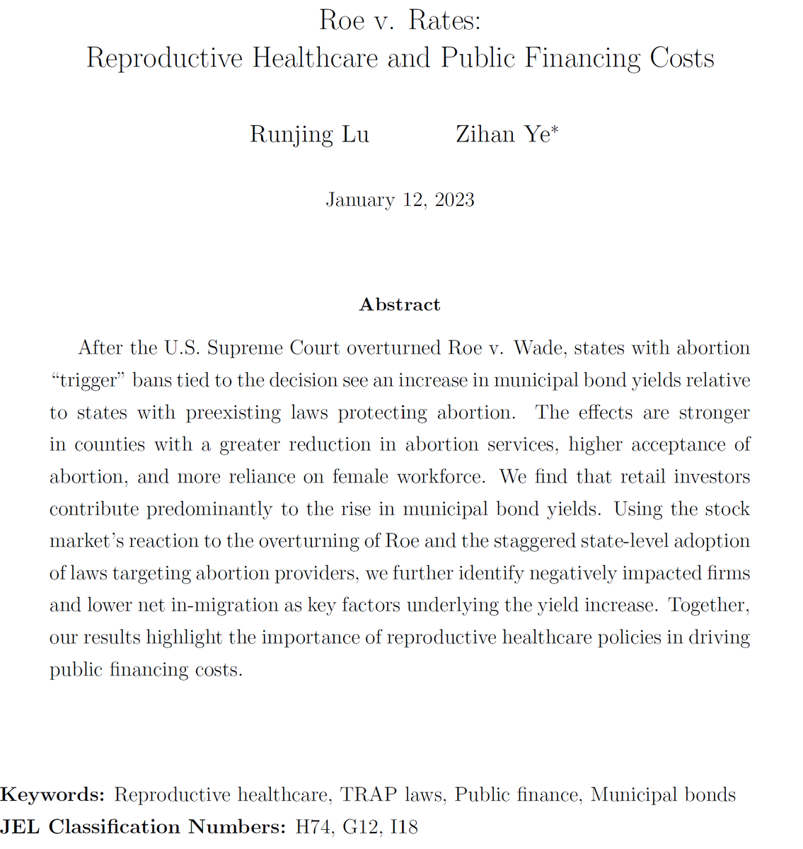 We will have a new Virtual Municipal Finance Workshop today at 11am ET! 

Zihan Ye of University of Tennessee will present "Roe v. Rates: Reproductive Healthcare and Public Financing Costs" (joint with Runjing Lu of University of Alberta) 

Paper + Info: muni-workshop.com