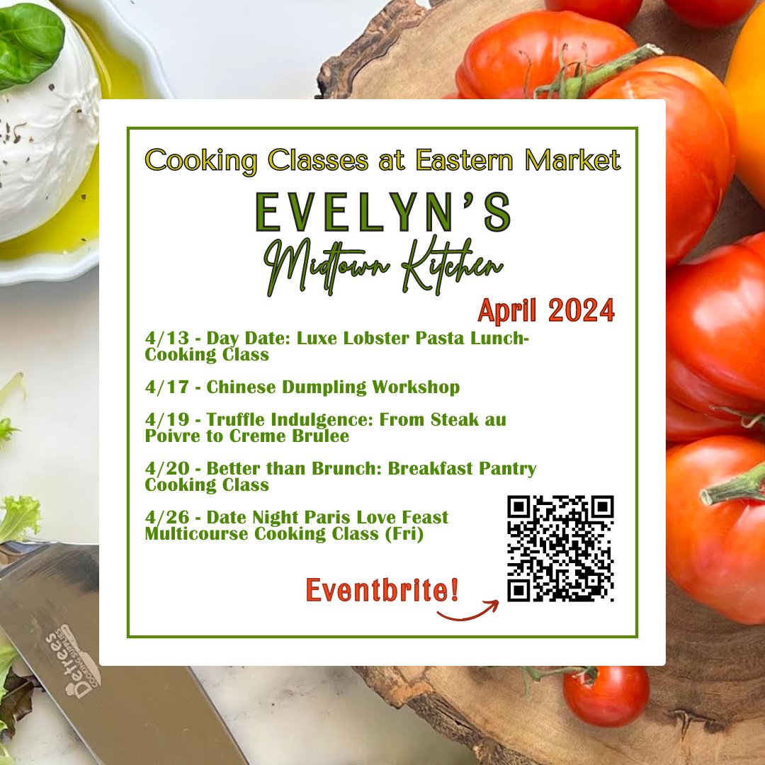 Spring into cooking with Evelyn's Midtown Kitchen at Eastern Market! Enjoy Date Nights, a Dumpling Workshop, and more. Book now to learn, eat, and have fun, starting with a Lobster Pasta Lunch at the Market happening this Saturday! Get tickets at eventbrite.com/o/evelyns-midt….