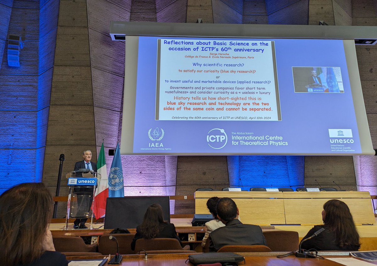 <<There is no 'useless' science: blue sky research and technology are the two sides of the same coin and cannot be separated.>> Nobel laureate Serge Haroche addresses UNESCO's Member States on the occasion of ICTP's 60th celebrations at UNESCO's Headquarters in Paris