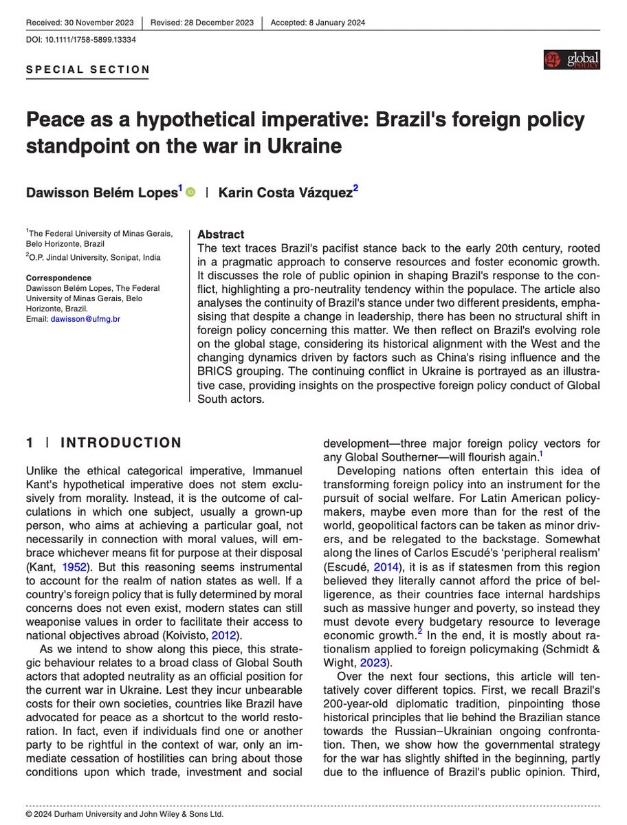 Enorme alegria em anunciar a publicação de novo artigo. Em 'A paz como imperativo hipotético', Karin Vazquez e eu mostramos como o 🇧🇷 abraçou um conceito muito peculiar de 'pacifismo' para justificar a posição na guerra 🇷🇺-🇺🇦. Deixe seu e-mail e posso enviar-lhe o texto completo.