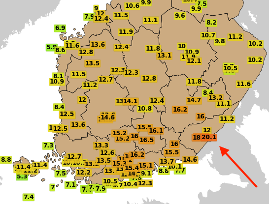 Lappeenranta Konnunsuo reached just 20.1 °C. This is the earliest 20°C on record in Finland (data since 1959). The previous record was 13 April 1989 (21.3 °C, Vaasa airport).