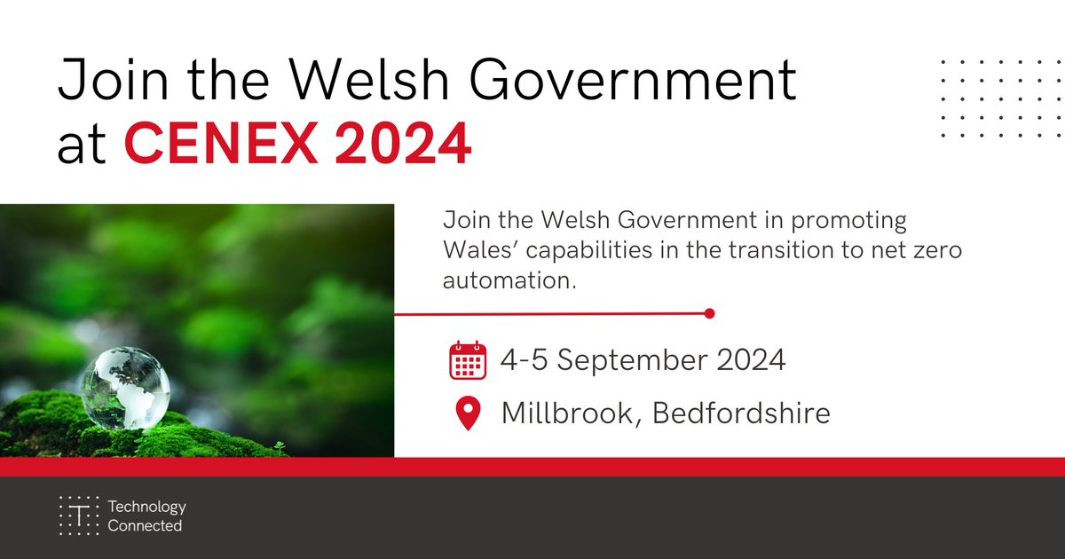 🌱Join the @WelshGovernment at the @cenex_expo 4-5 September 2024, to showcase Wales' expertise in transitioning to net-zero automation. ⚠️ Applications to exhibit on the stand are open until 7 May 2024. Learn more and apply now: loom.ly/slmPGp8