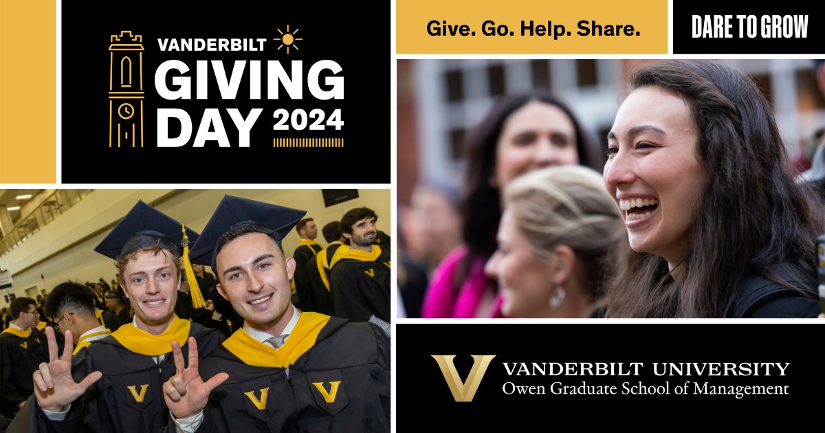 Do you know what tomorrow, April 11, is? It's Vanderbilt Giving Day 💛🖤! Stay tuned tomorrow as we share our Owen Giving Day goals and rally our ’Dores to contribute! Learn more here: vu.edu/givingday #DareToGrow #VU4Life