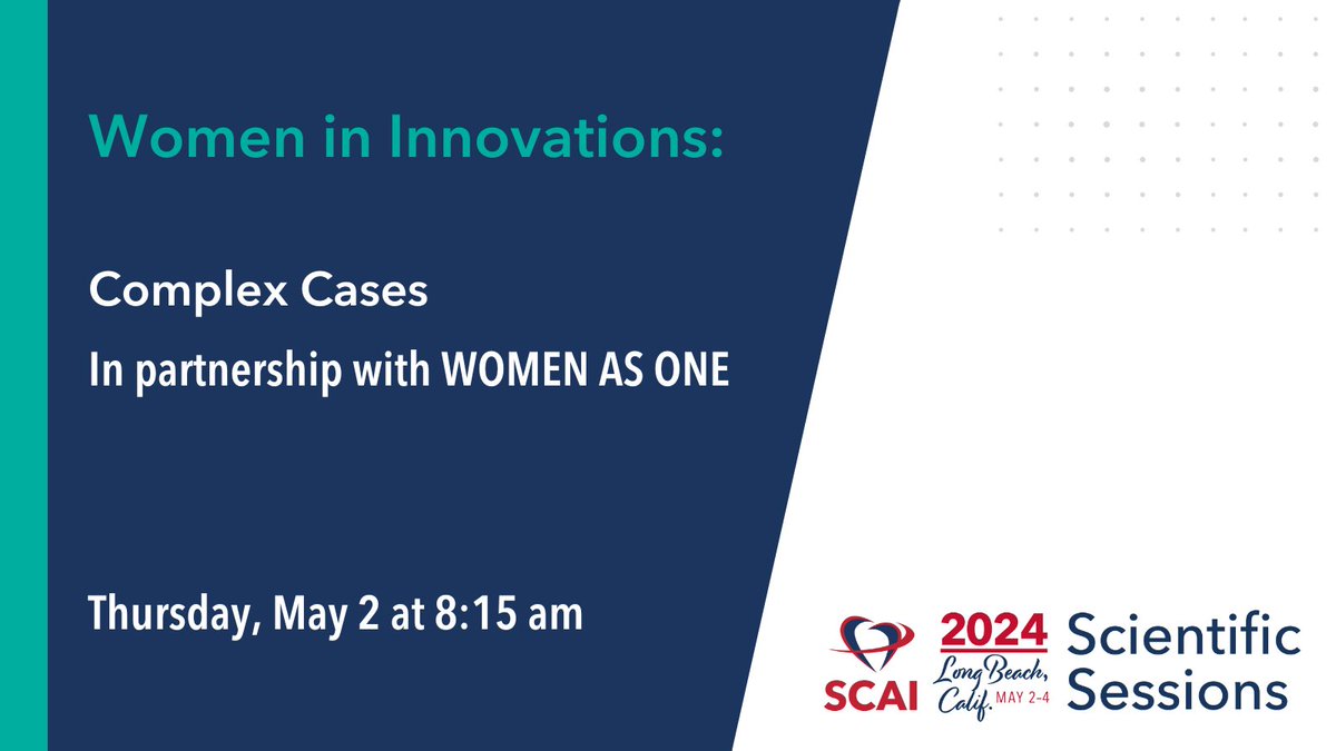 The first of two #SCAIWIN and @WomenAs1 joint sessions at #SCAI2024 will focus on complex cases. Join an all-female faculty to examine coronary, structural, peripheral, and shock cases. ➡️View the session: ow.ly/UToT50R72xo