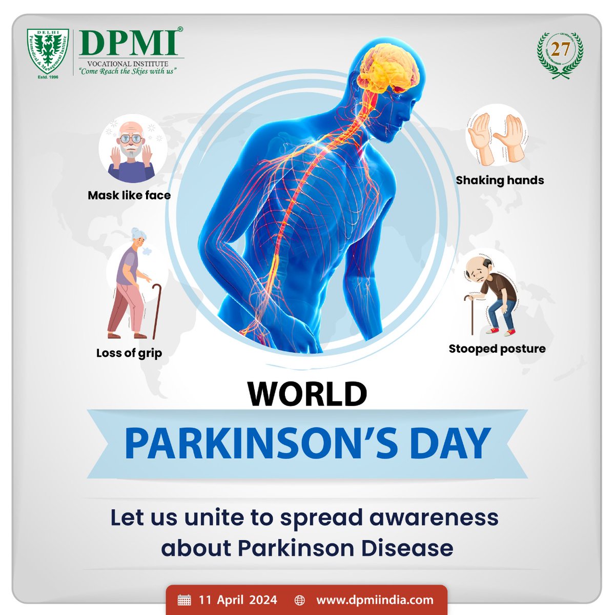 World Parkinson's Day 2024,
'Raise awareness about Parkinson's disease.'..Dpmiindia.com
#WorldParkinsonsDay #ParkinsonsAwareness #WorldParkinsonsDay2024