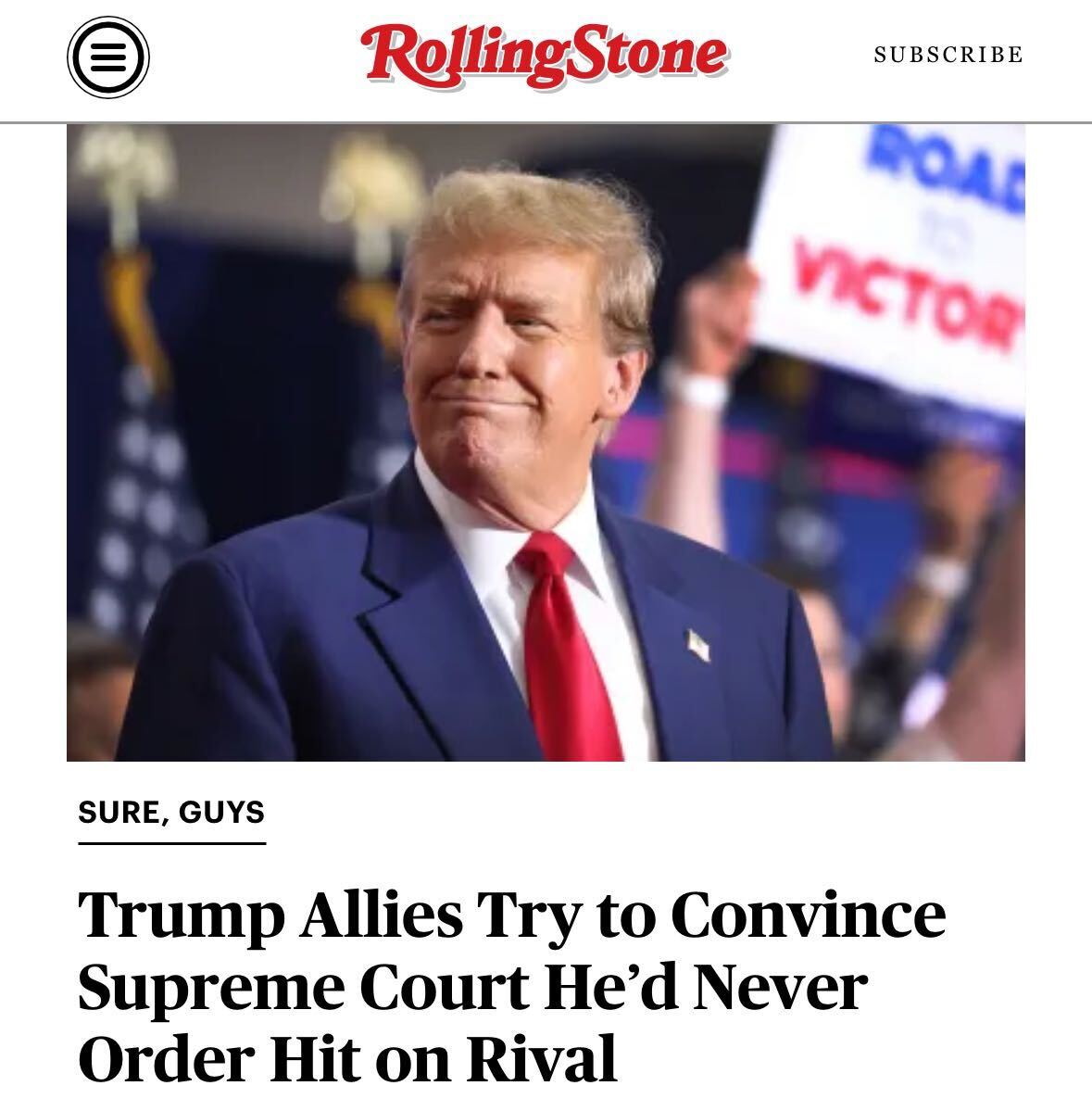 NEW: Trump allies recently told the Supreme Court to forget all about when the former president’s lawyer told judges that he couldn’t be prosecuted for ordering a hit on his political rival — unless he were impeached first. Story: rollingstone.com/politics/polit…