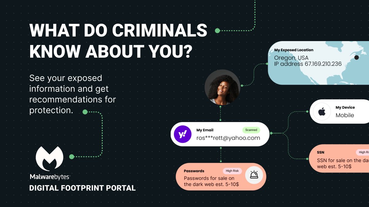 Introducing the new Digital Footprint Portal 🎉 We believe that everyone has the right to a secure digital life. See if your information is being sold on the dark web, what personal information has been exposed by data breaches, and much more. malwarebytes.com/digital-footpr…