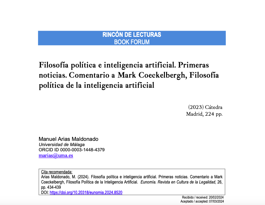 CulturLeg's tweet photo. En el nuevo núm. de 𝐄𝐮𝐧𝐨𝐦í𝐚. Revista en Cultura de la Legalidad, el #BookForum se dedica a:
𝐋𝐚 𝐅𝐢𝐥𝐨𝐬𝐨𝐟í𝐚 𝐏𝐨𝐥í𝐭𝐢𝐜𝐚 𝐝𝐞 𝐥𝐚 𝐈𝐧𝐭𝐞𝐥𝐢𝐠𝐞𝐧𝐜𝐢𝐚 𝐀𝐫𝐭𝐢𝐟𝐢𝐜𝐢𝐚𝐥 de @MCoeckelbergh
Comentado por @jicriado y @goncharev
📲 https://t.co/ulonlboGau https://t.co/cet6HFTRLv