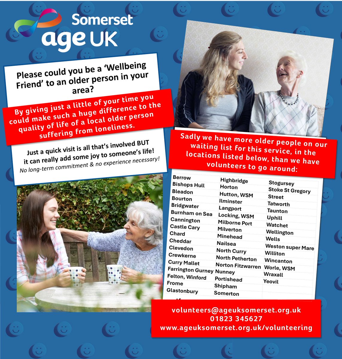 Is where you live in #Somerset listed? If so we have older people who live near you who've said they feel lonely & are on our waiting list for a friendly person like you to become a Wellbeing Friend or Walk & Talk #Volunteer & brighten their lives. ➡️ ageuk.org.uk/somerset/get-i…