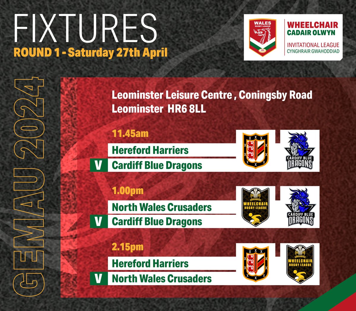 Cadair Olwyn🏉 Confirmed! Here are the season 2 opening fixtures for the WRL @WheelchairRL Invitational League. Please come down and lend your support if you're able. All players, able-bodied or disabled, are welcome to join a club. More information: wrl.wales/wheelchair