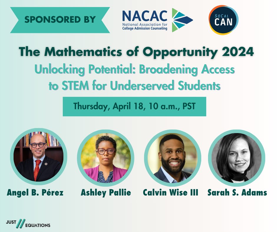 #NACAC member Ashley Pallie, former Board Director Calvin Wise III, and CEO @AngelBPerez will discuss strategies for ensuring opportunities for students who lack access to calculus and building diverse student bodies in #STEM programs. ow.ly/rb5G50RarWO @JUST_Equations
