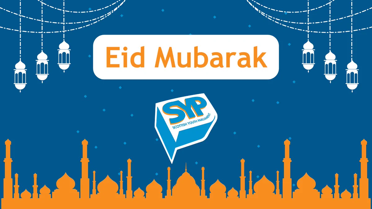 Graphic with dark blue background, orange skyline at the bottom, white lanterns and decorations at the top. Text in the middle reads: 'Eid Mubarak' with the SYP logo below.