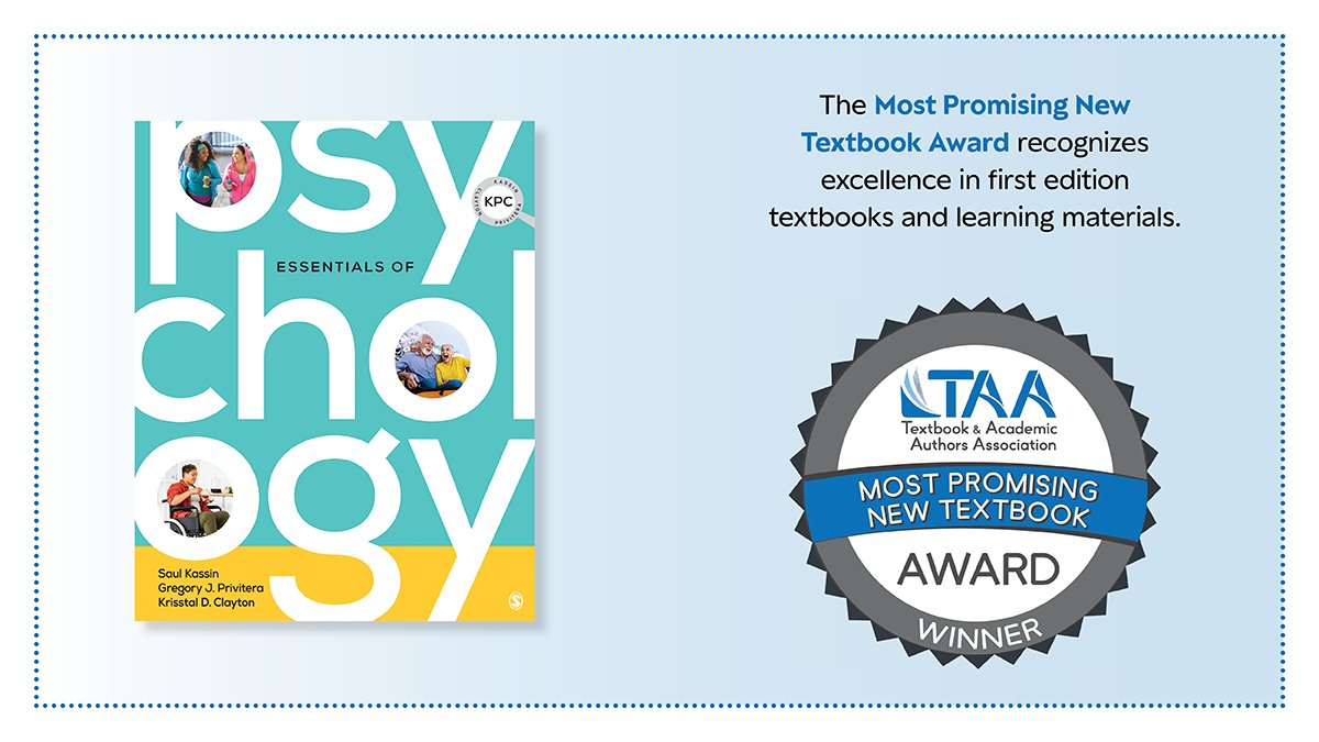Congratulations to the authors of 'Essentials of Psychology' on receiving the TAA’s Most Promising New Textbook Award. Explore its engaging, learn-by-doing approach: ow.ly/90hs50Rbgai \#TAA2024