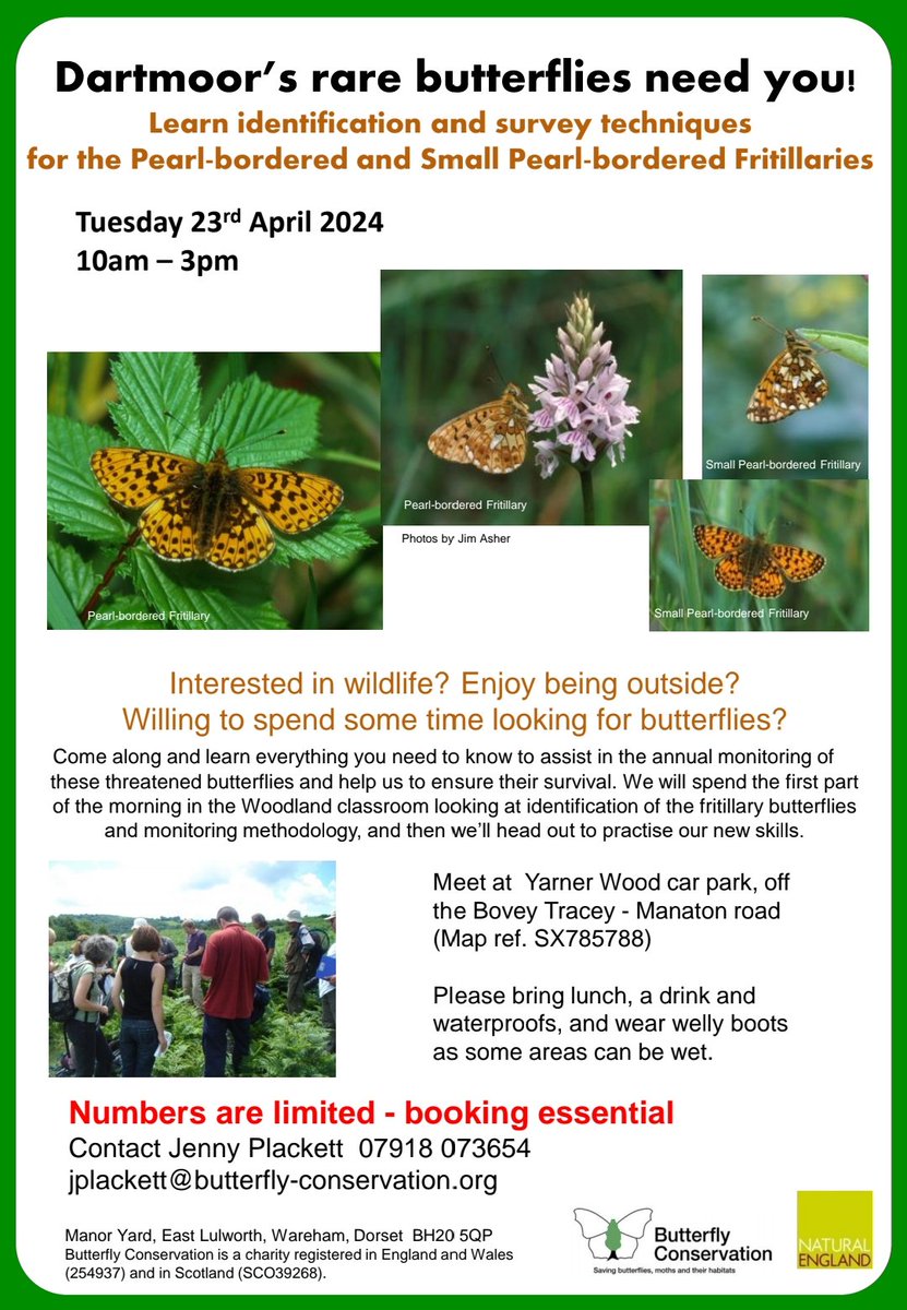 Come along to a free Pearl-bordered Fritillary identification and survey workshop on Dartmoor. 23rd April 2024 at Yarner Wood. Learn all you need to know to help with surveys across the Moor! Numbers limited, please book - see details on poster @savebutterflies @BCDevon