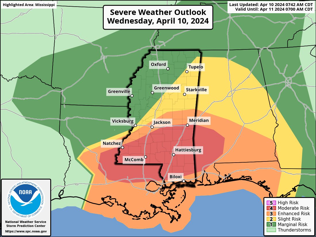 ❗️Severe Weather Update❗️ MS is expected to see severe weather today (4-10-24). 🌪️Tornadoes are likely and some could be strong tornadoes 🌬️Damaging winds up to 80 mph ⛈️Golf ball size hail ❗Stay Weather Aware 📻Have multiple ways to receive alerts 🏡Know your Safe place