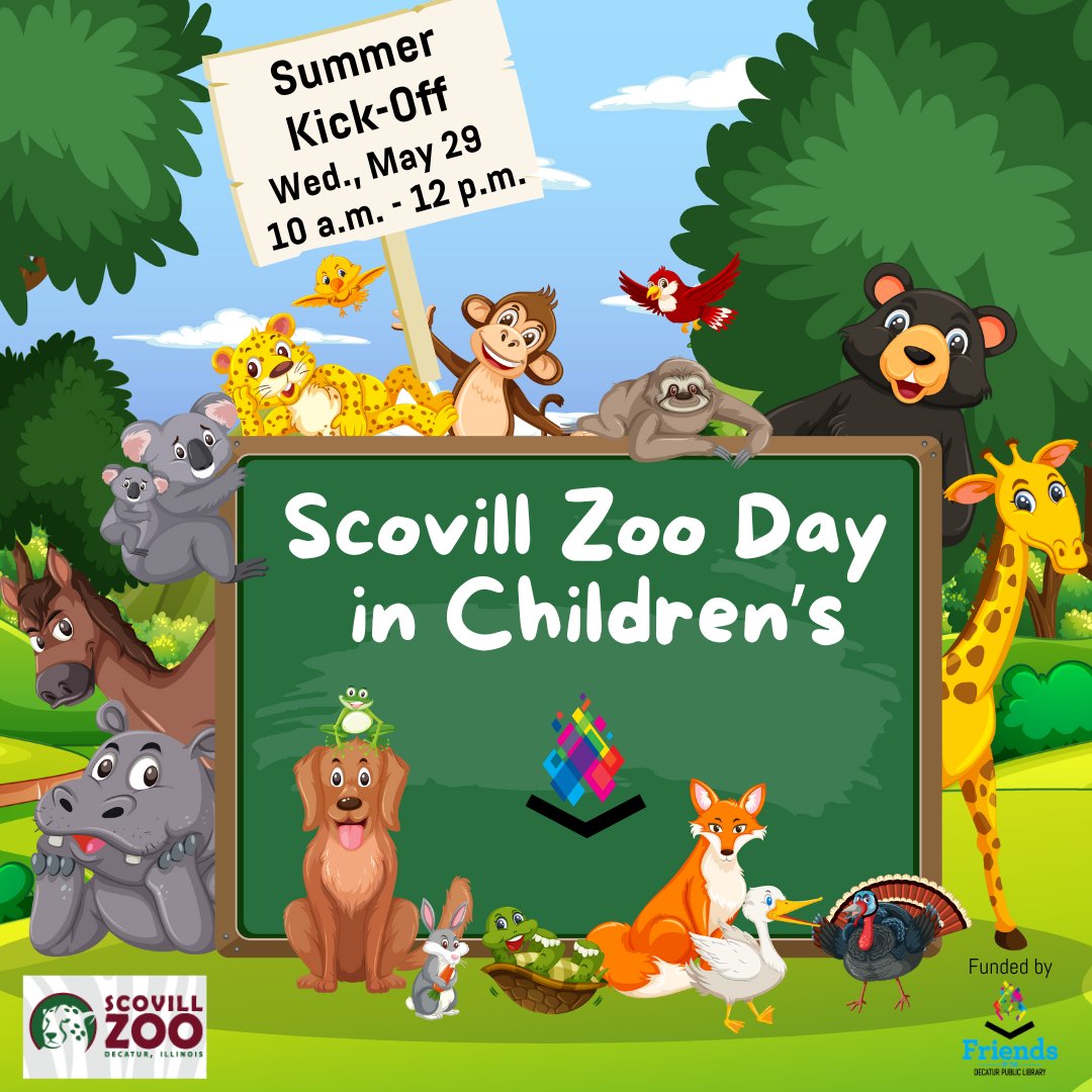 Stop by our Children's Summer Kick-off and visit with our friends from Scovill Zoo on Wed., May 29 anytime from 10 a.m.-Noon! Meet the animals and enjoy other activities.  Great time to sign up for our Summer Reading Program!