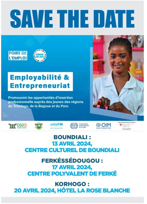 J-3 avant la #FoireEmploi de #Boundiali! 📅 13 avril, 8h, Centre culturel Menu: Panels d'experts ; Rencontres entreprises; Stages/emplois. Action de @Cgeci_Officiel avec @OITAbidjan, @oimcotedivoire, @UNICEF_CIV Avec le précieux soutien de @DDCBenin @AmbSuisseCI, merci ! #GenU