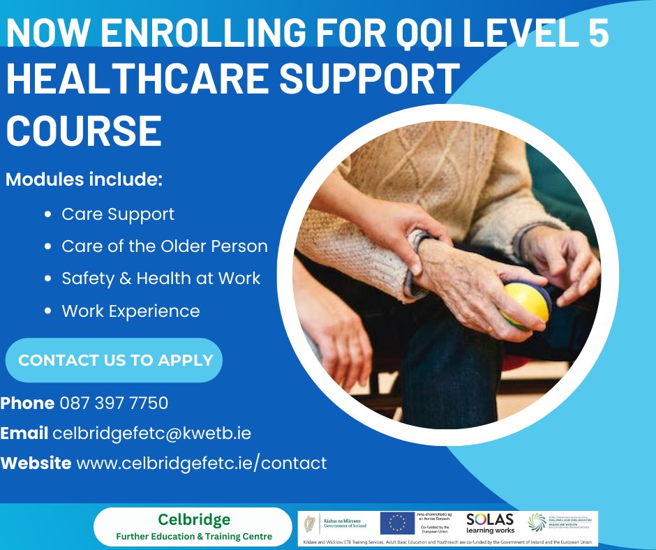 Are you interested in working in Healthcare? New courses starting in the Autumn for employees and unemployed people looking to upskill @KWETB @SOLASFET @FETRC_DCU @FETColleges_IE @KWETBAliss @Thisisfet #KWETB #SOLAS #ThisisFET #courses #FET #Celbridgecourses