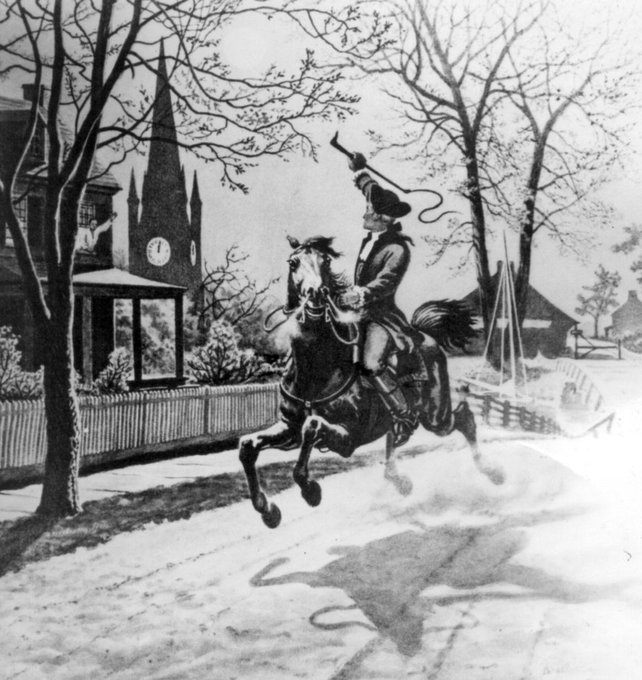Tonight in 1775, messengers from Boston gallop north towards Lexington and Concord to warn that British regulars are on the march. Among them is a silversmith named Paul Revere. He and fellow riders William Dawes and Samuel Prescott will be captured but the alarm is raised.