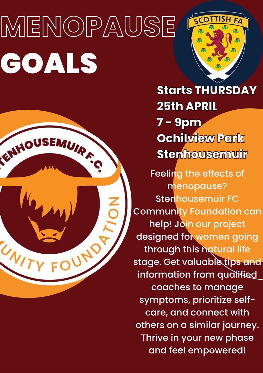 ⚽ MENOPAUSE GOALS ⚽ Our FREE, 8-week project supporting women experiencing menopause starts Thursday 25th April! Looking for: Info about menopause? Support from other women? Strategies for coping with symptoms? Gentle physical activity? Info / Book - buff.ly/3vE1wAW