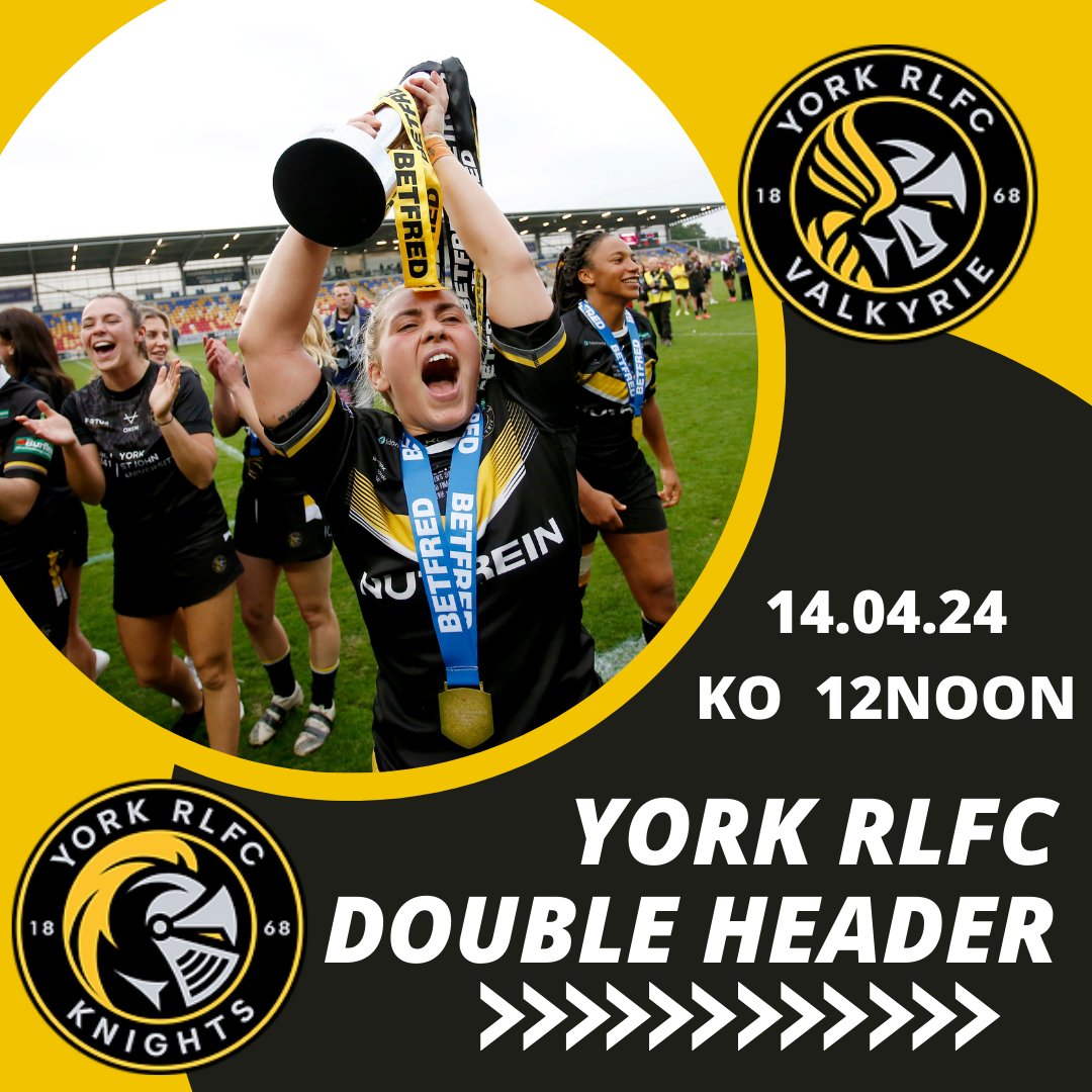 It's a double header this Sunday (14th) as Knights take on Wakefield Trinity & Valkyrie take on Featherston Rovers. Get your tickets here loom.ly/aNcMt5o 🏉 #YorkRLFC #YorkKnights #YorkValkyrie #RiseUp #WeAreYork #RugbyLeage #DoubleHeader #LNERYorkCommunityStadium