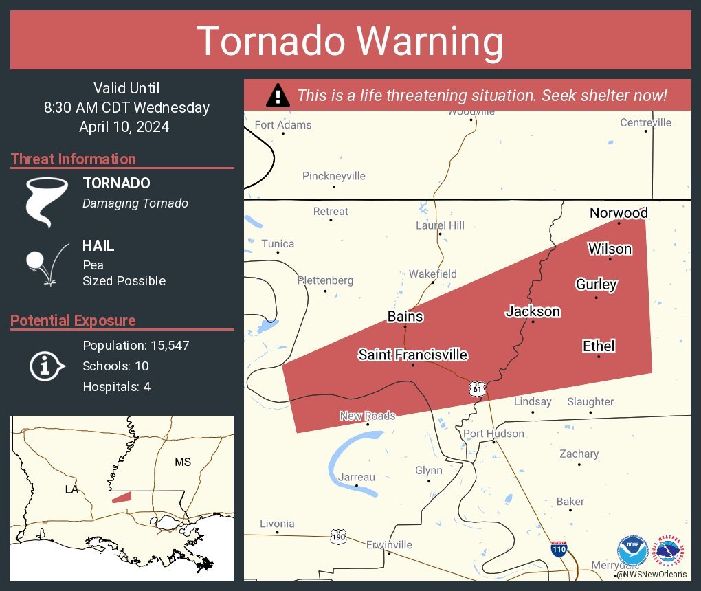 #PDS #TornadoWarning for #Saintfrancisville,#JAcksonLA,#Gurley cities!
#Tornado on the ground now!
#TAKECOVER NOW!
#Wxtwitter #SPC #Wxx #LAwx #SevereWX #ModerateRisk #ParticularlyDangerousSituation #Louisiana