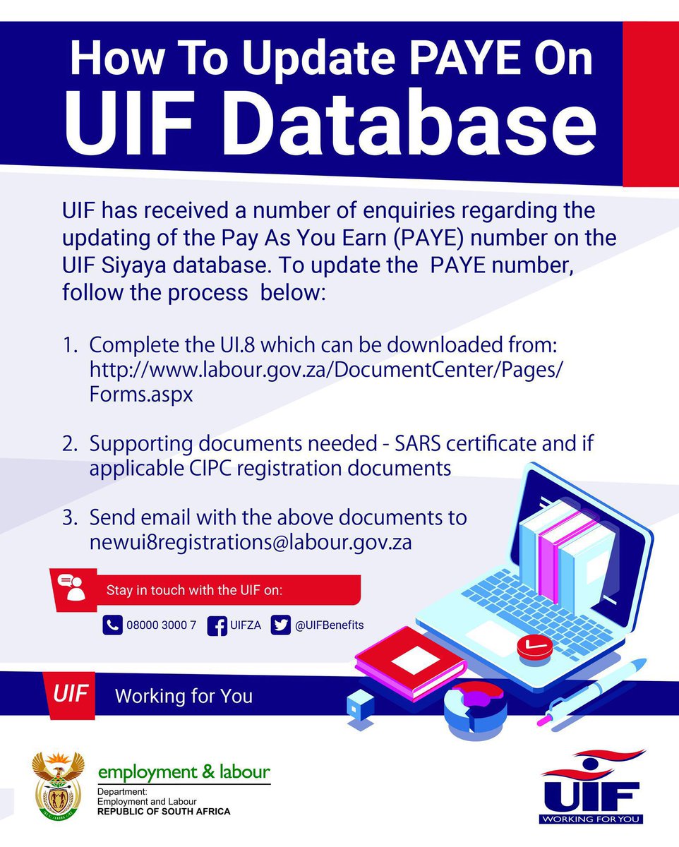 Read here how to quickly and easily update your Pay As You Earn (PAYE) number on the #UIF's system.  

#UIF #WorkingForYou