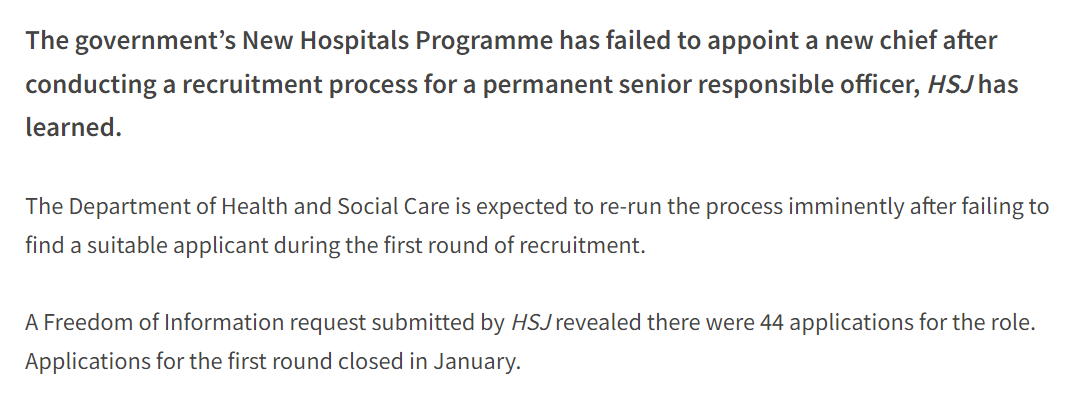 NEW: Government fails to recruit new boss to lead on 40 'new hospitals' hsj.co.uk/finance-and-ef…