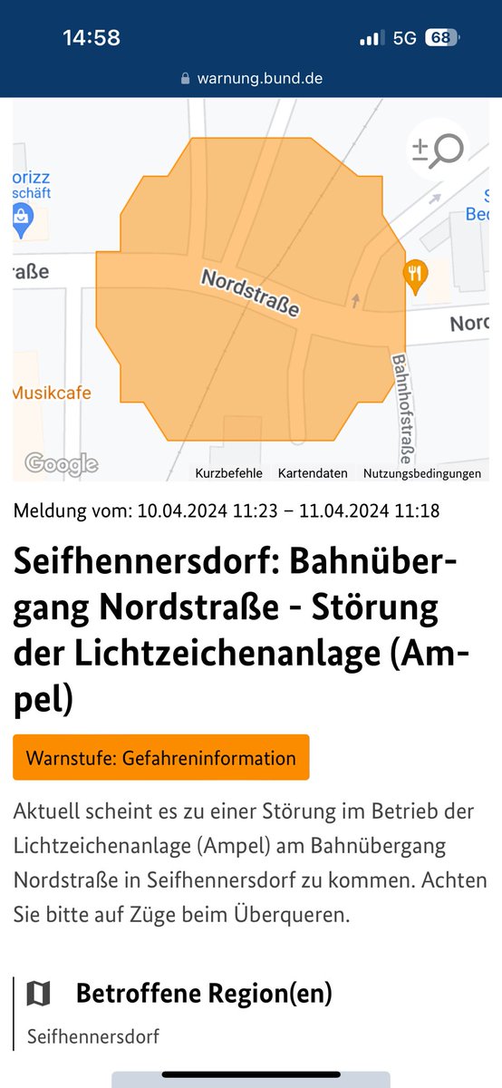 Zum Thema sensibler Umgang mit Warnmitteln als Schutz vor Abstumpfung! Wie kommt die Stadt #Seifhennersdorf darauf eine #Gefahreninformation auszulösen für die Störung einer #Lichtzeichenanlage an einem Bahnübergang ? Es gilt 1. die StVO und 2. muss die Bahn Sicherungsposten