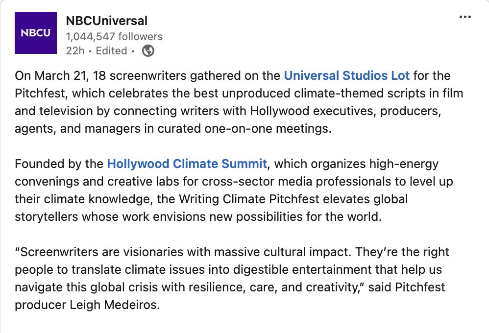 My quote from the post: 'Screenwriters are visionaries with massive cultural impact. They’re the right people to translate climate issues into digestible entertainment that help us navigate this global crisis with resilience, care, and creativity.' #Screenwriting #ClimateStories