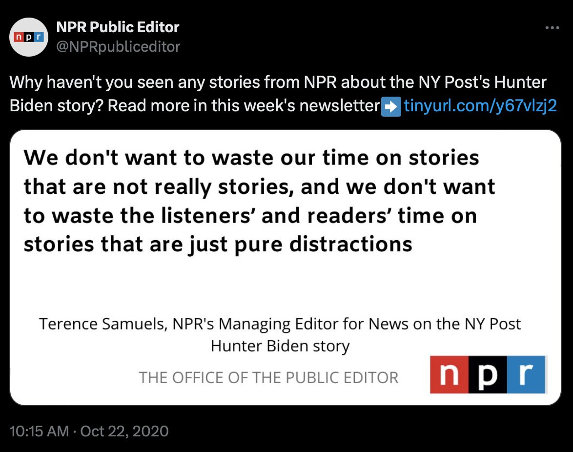 @MZHemingway How can we ever forget NPR's courageous stance to ignore a major, relevant story on the eve of a presidential election.

True journalistic heroism.