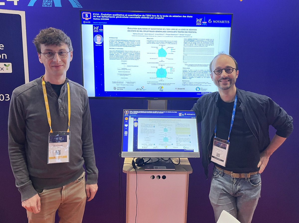 Seul poster de neuro-réanimation aux #jnlf2024 Utilisation précoce du monitoring EEG dans les états de mal épileptiques pour personnaliser la prise en charge des patients en réanimation @CHU_Lille @UFR3S_ULille : ici on s’intéresse à l’évolution de l’EEG après arrêt des sedations