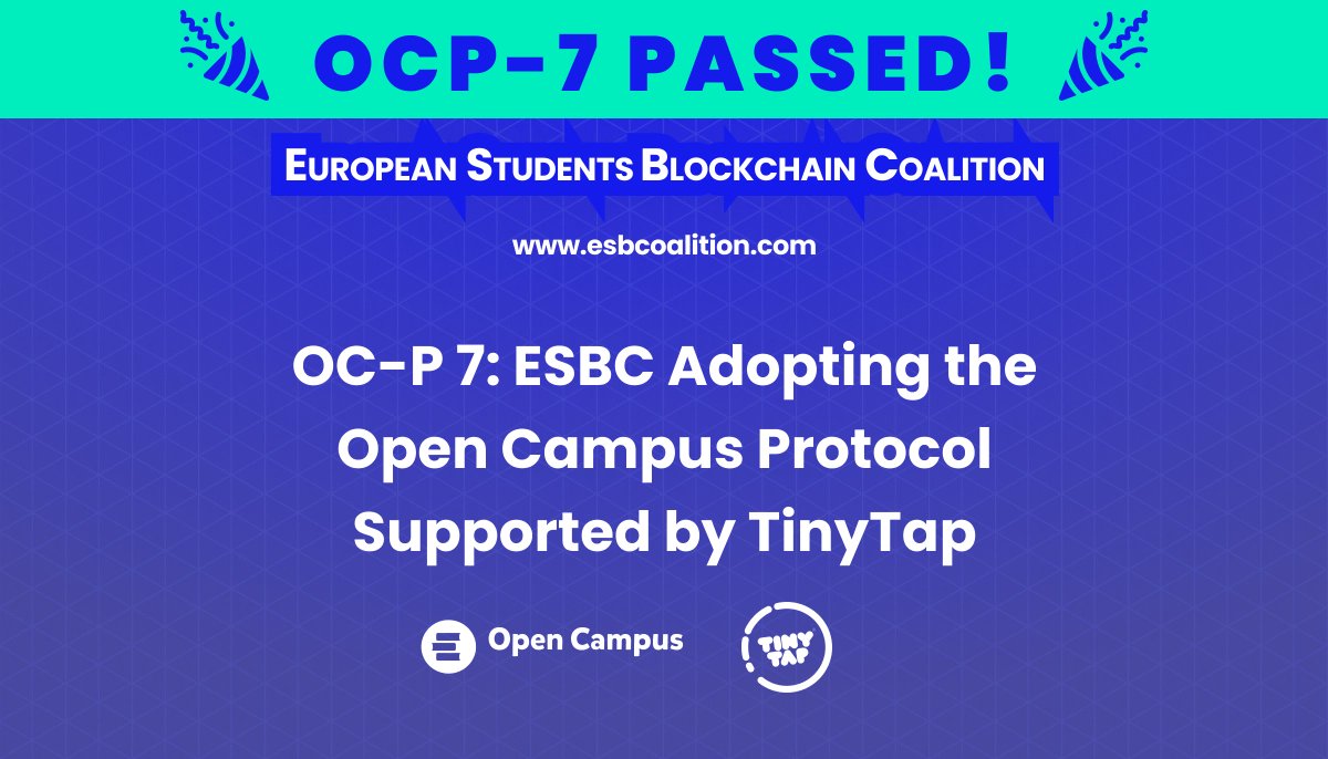 🎉 OCP-7 has passed! @esbcoalition will bring Open Campus to Student Blockchain clubs across Europe and worldwide. We're proud of our community's commitment to supporting learners of all ages. Congratulations to the ESBC team! We look forward to seeing you achieve your goals!