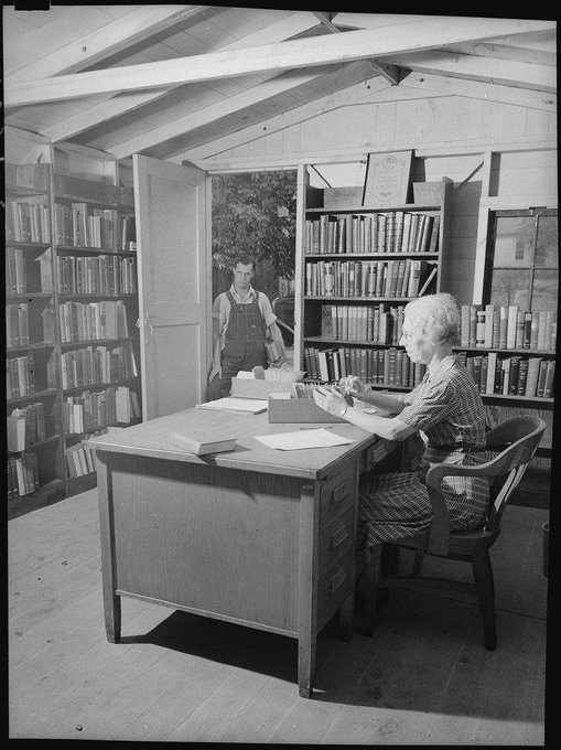The Public Library in Charlestown, Indiana, constructed out of work shanties by WPA workers, staffed by WPA librarians, 1939.

#NationalLibraryWeek