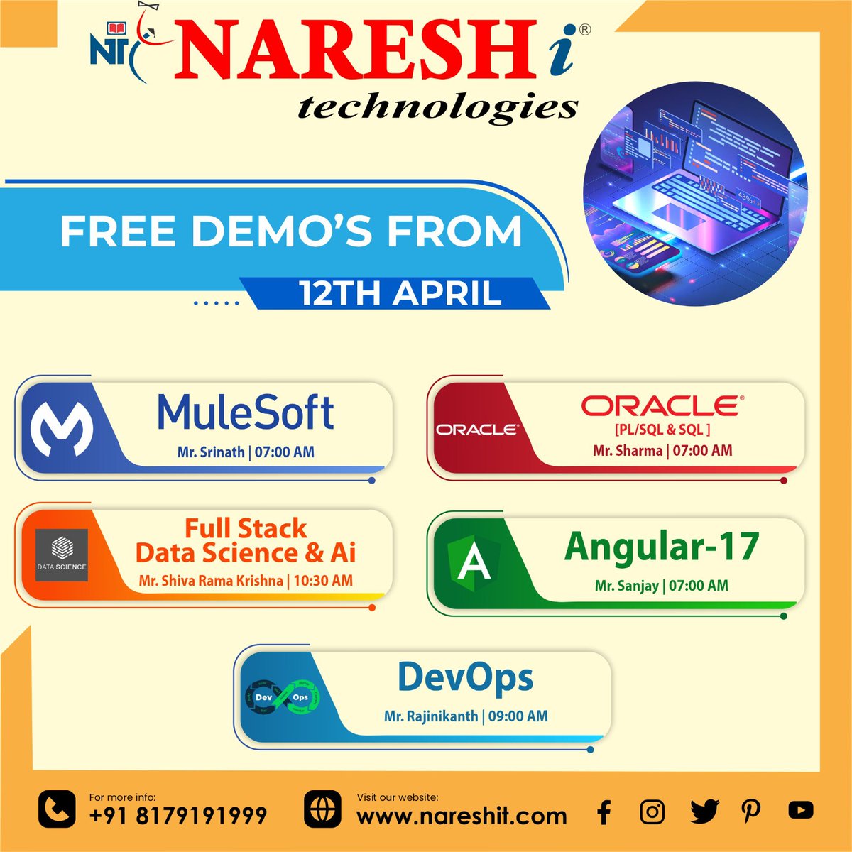✍️ Sign Up Now: linktr.ee/nareshitech and start your journey!
📅 Attend Free Demo on 12th April 24.
🚀 To Boost Your IT Career to the Next Level by Expert Faculty. Register now to reserve your spot.

#ITCourses #TechEducation #OnlineLearning #Programming #TechSkills #Coding