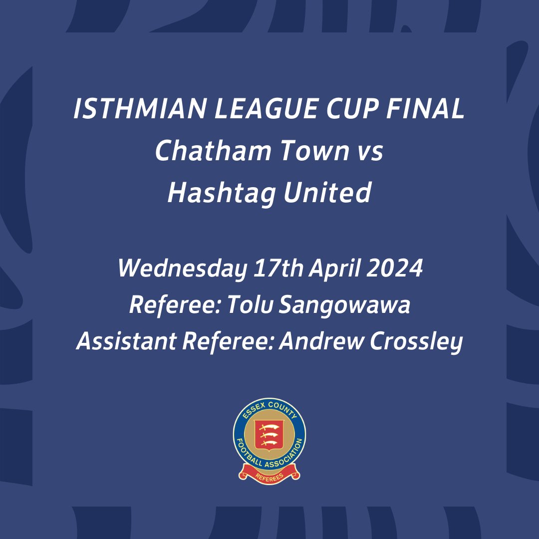 Congratulations to the 2⃣ @EssexCountyFA referees Tolu and Andrew who have both been appointed by @FARefereeing to officiate the @IsthmianLeague Cup Final on Wednesday 17th April 2024 👏 #DevelopedInEssex