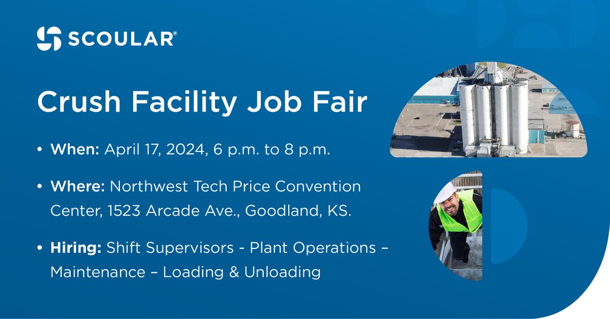 We’re hiring over 30 people for our oilseed crush facility in Goodland, KS, kicking off operations in October 2024. Looking forward to seeing you at our job fair. scoular.com/event/goodland… #employment #careers #agriculture