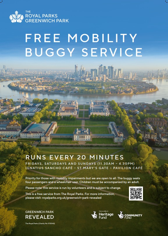 The Greenwich Park Mobility Buggy Service is returning this Friday (12th April)! This free service has been introduced as part of the Greenwich Park Revealed project, to help people travel up and down the park’s famously steep hill and visit more areas of the park.